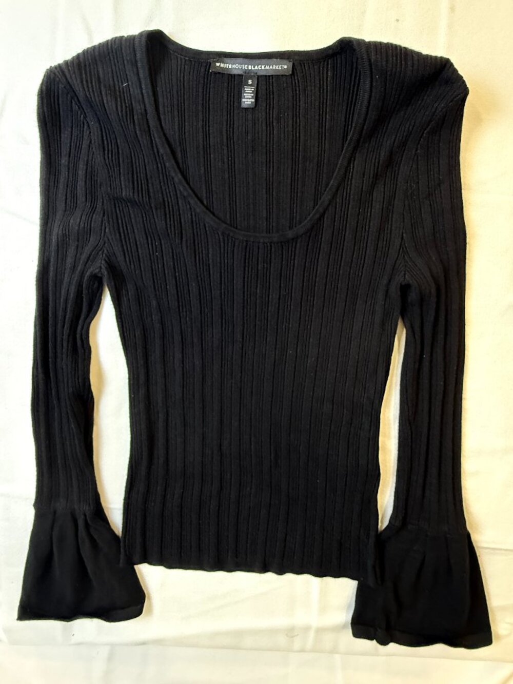 White House Black Market black ribbed bell sleeve top size S